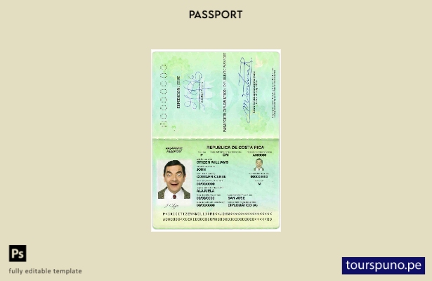 Plantilla de pasaporte diplomático de Costa Rica lista para imprimir